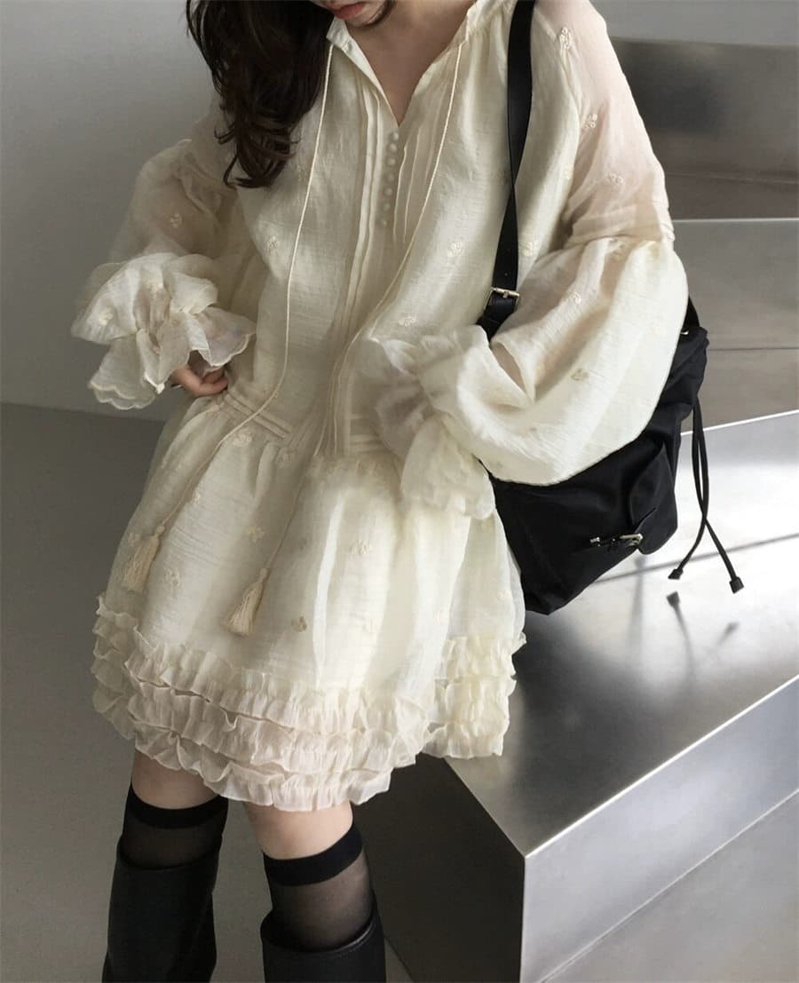 하나 달콤한 복숭아 톰 글 래 몽골 도로 자수 벌룬 소매 분위기 센스 착용 가져 가라. 드레스 여성 이미지 2