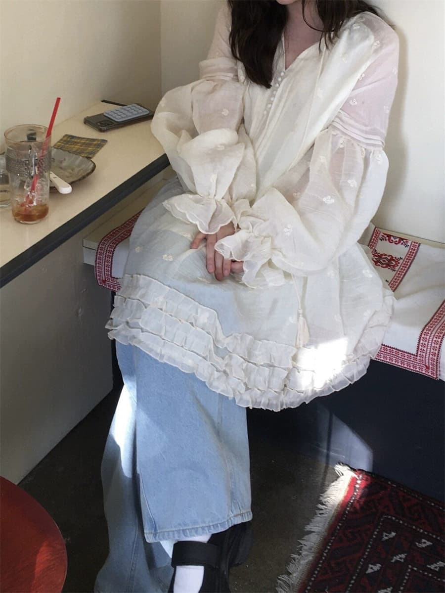 하나 달콤한 복숭아 톰 글 래 몽골 도로 자수 벌룬 소매 분위기 센스 착용 가져 가라. 드레스 여성 상세 이미지 2