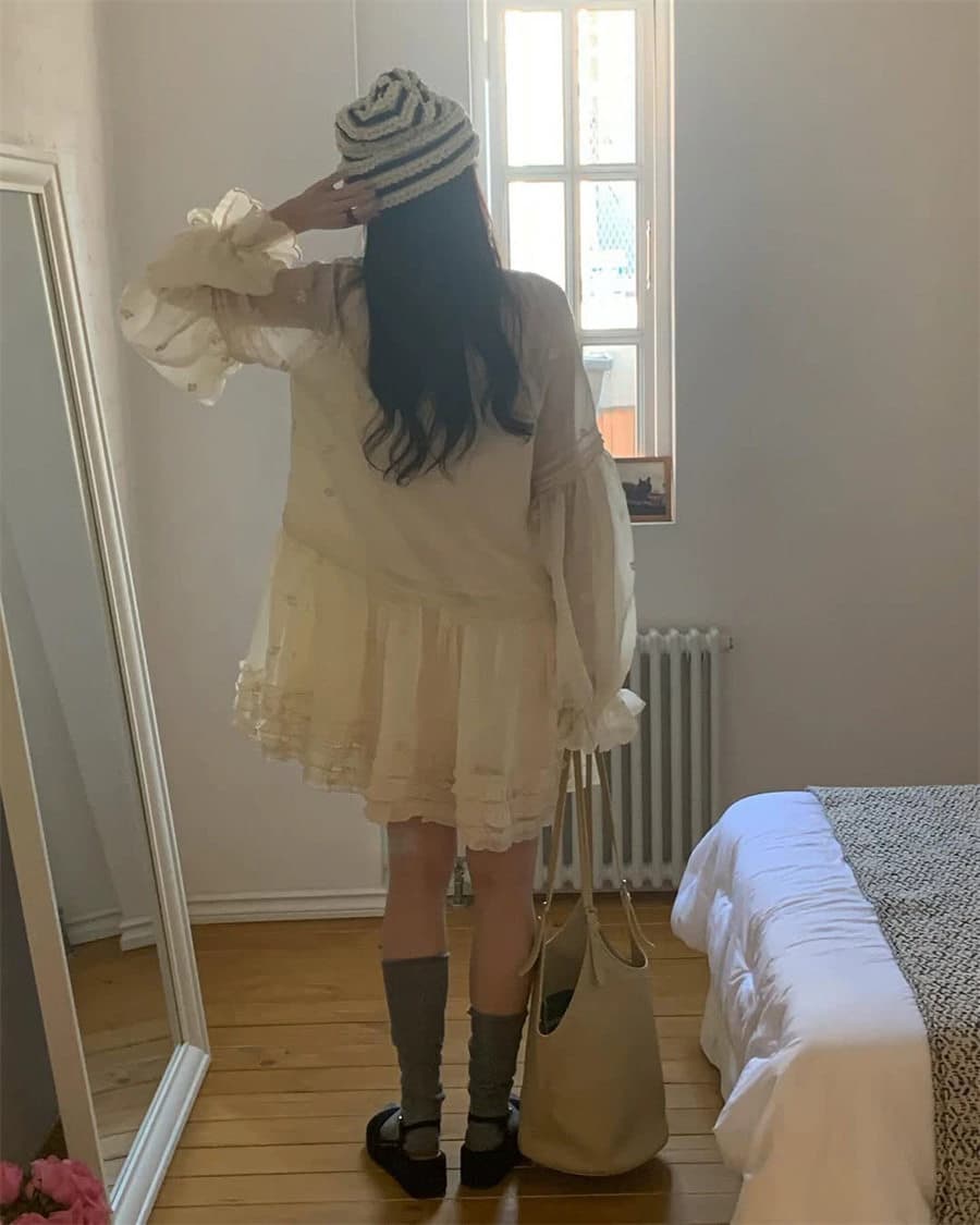 하나 달콤한 복숭아 톰 글 래 몽골 도로 자수 벌룬 소매 분위기 센스 착용 가져 가라. 드레스 여성 상세 이미지 10