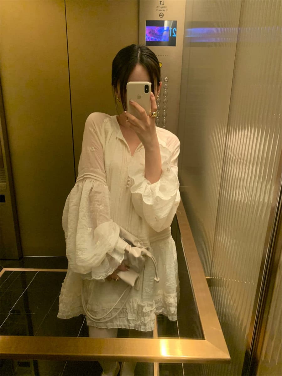하나 달콤한 복숭아 톰 글 래 몽골 도로 자수 벌룬 소매 분위기 센스 착용 가져 가라. 드레스 여성 상세 이미지 20
