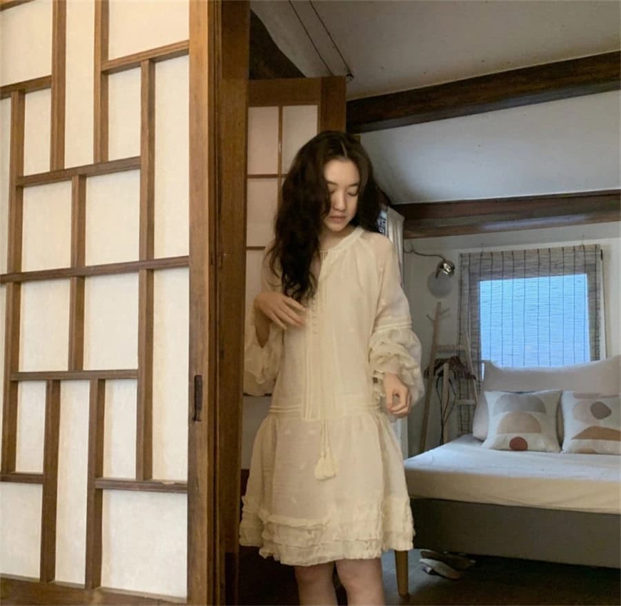 하나 달콤한 복숭아 톰 글 래 몽골 도로 자수 벌룬 소매 분위기 센스 착용 가져 가라. 드레스 여성 상세 이미지 32