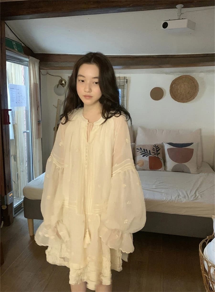 하나 달콤한 복숭아 톰 글 래 몽골 도로 자수 벌룬 소매 분위기 센스 착용 가져 가라. 드레스 여성 상세 이미지 36