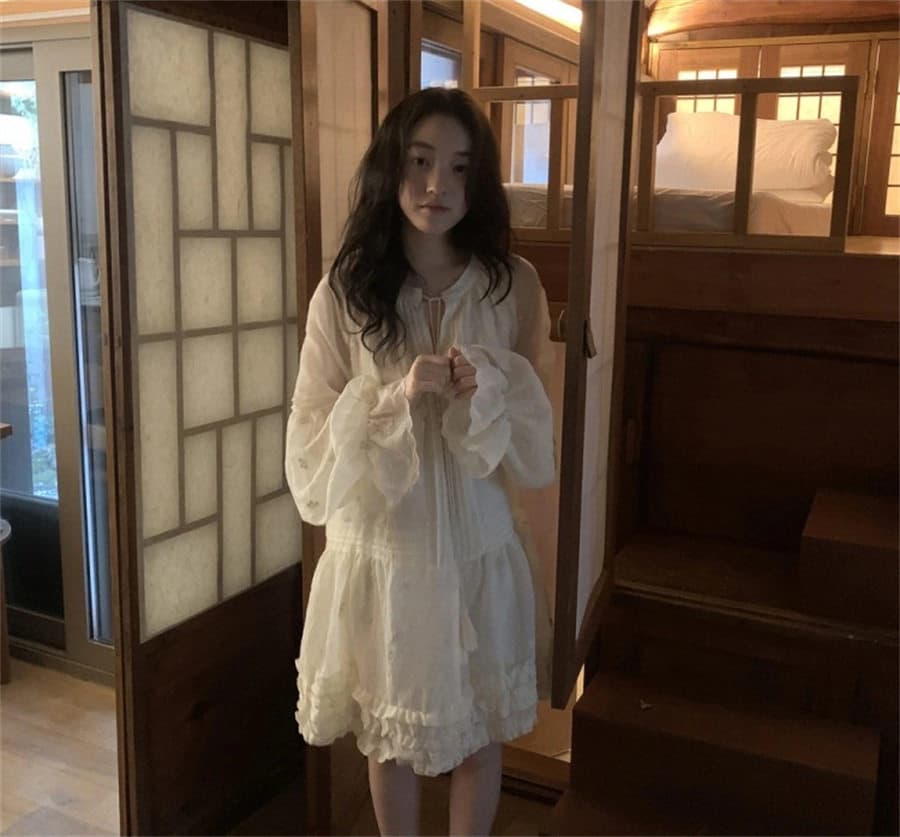 하나 달콤한 복숭아 톰 글 래 몽골 도로 자수 벌룬 소매 분위기 센스 착용 가져 가라. 드레스 여성 상세 이미지 42