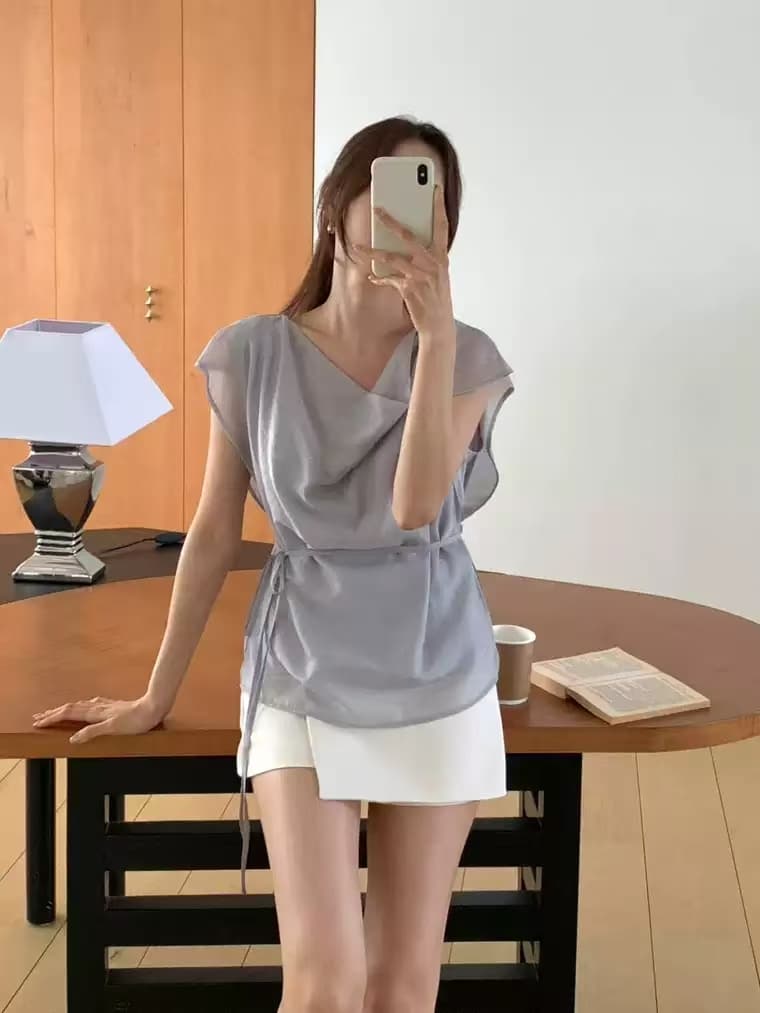 한국 스타일 여름 신제품 이중층 페이크 레이어드 레이스업 반팔 셔츠 여성 상세 이미지 46