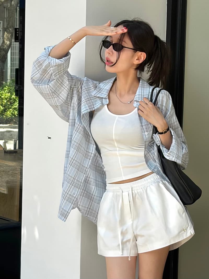 한국 스타일 느긋한 바람 레트로 미니멀리즘 루즈핏 체크무늬 폴로 칼라 부서 버클 긴팔 얇은 스타일 자외선 차단 셔츠 여성 이미지 2