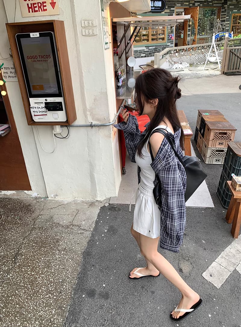 한국 스타일 느긋한 바람 레트로 미니멀리즘 루즈핏 체크무늬 폴로 칼라 부서 버클 긴팔 얇은 스타일 자외선 차단 셔츠 여성 상세 이미지 17