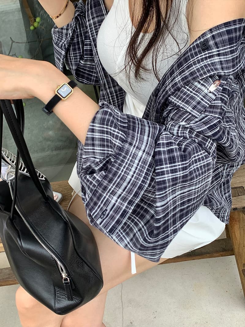 한국 스타일 느긋한 바람 레트로 미니멀리즘 루즈핏 체크무늬 폴로 칼라 부서 버클 긴팔 얇은 스타일 자외선 차단 셔츠 여성 상세 이미지 28