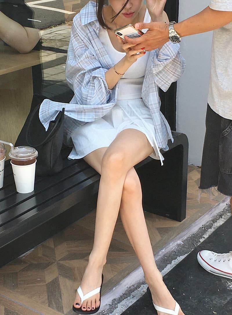 한국 스타일 느긋한 바람 레트로 미니멀리즘 루즈핏 체크무늬 폴로 칼라 부서 버클 긴팔 얇은 스타일 자외선 차단 셔츠 여성 상세 이미지 45