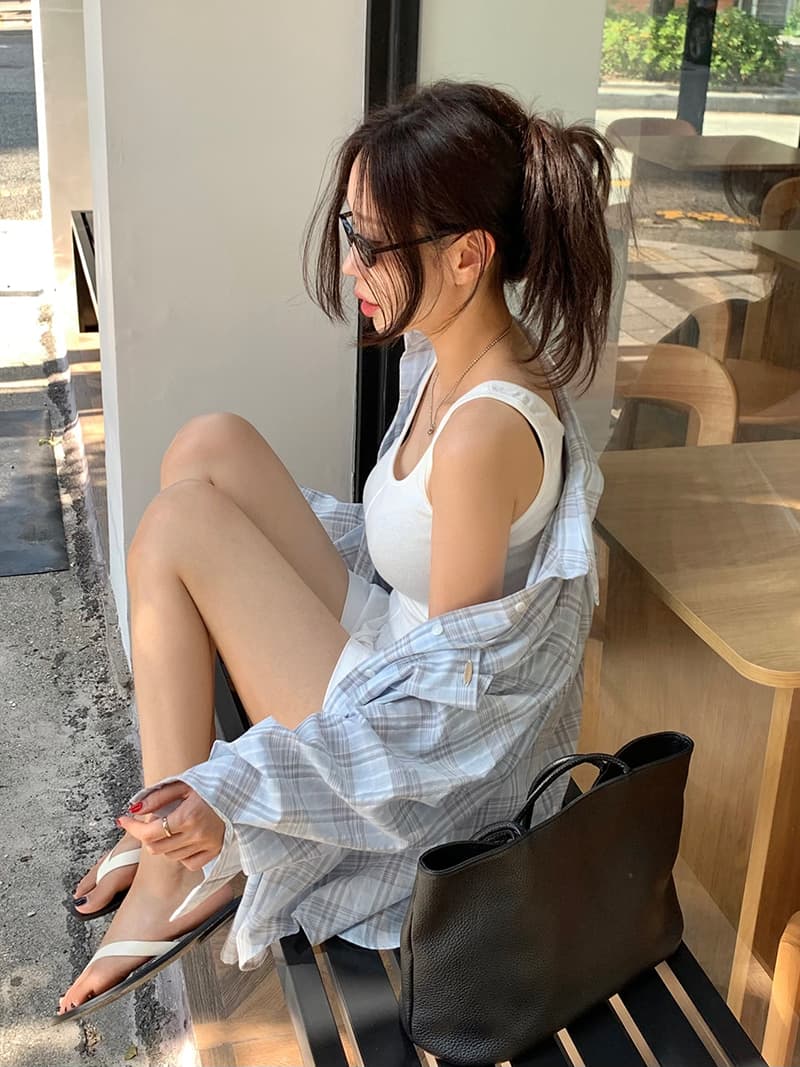 한국 스타일 느긋한 바람 레트로 미니멀리즘 루즈핏 체크무늬 폴로 칼라 부서 버클 긴팔 얇은 스타일 자외선 차단 셔츠 여성 상세 이미지 47