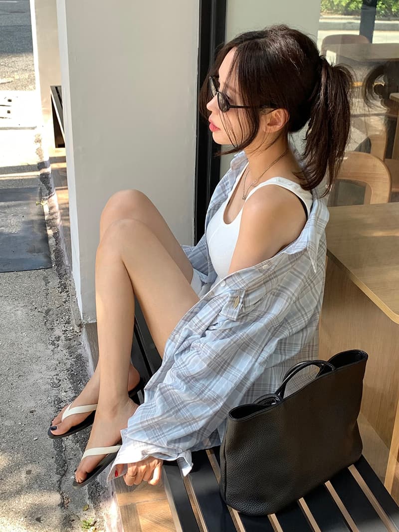 한국 스타일 느긋한 바람 레트로 미니멀리즘 루즈핏 체크무늬 폴로 칼라 부서 버클 긴팔 얇은 스타일 자외선 차단 셔츠 여성 상세 이미지 49