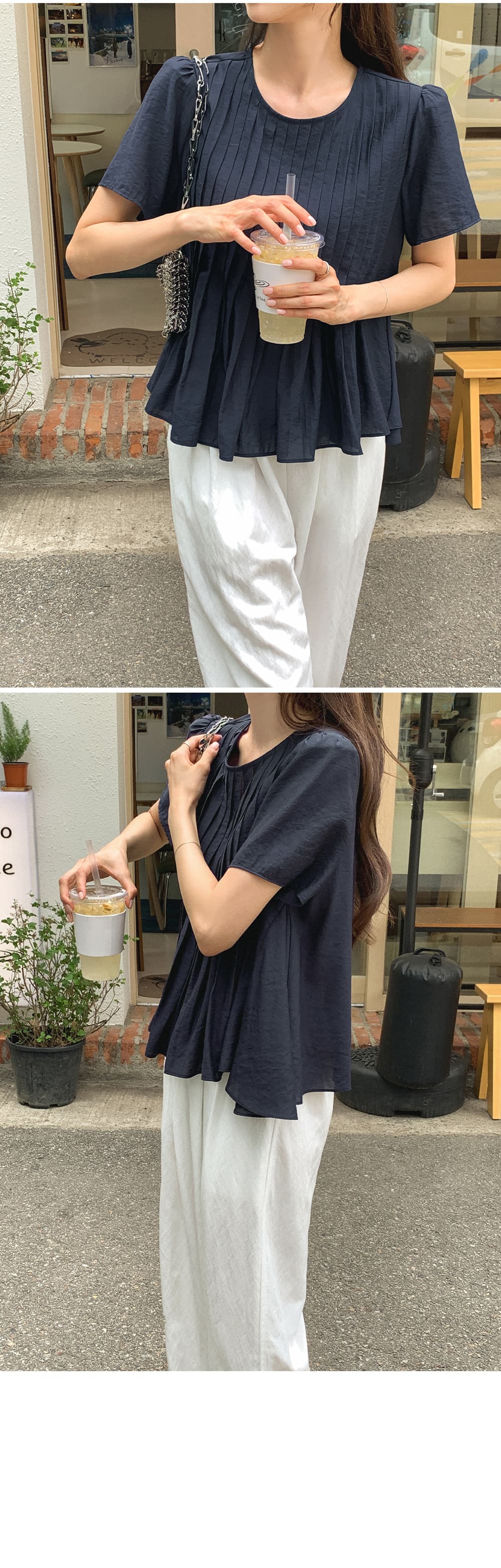있음 밖으로 한 부서 여름 작은 셔츠 3 차원 탑 그램 Pleat 플리츠 라운드 넥 맨위 여성 상세 이미지 23