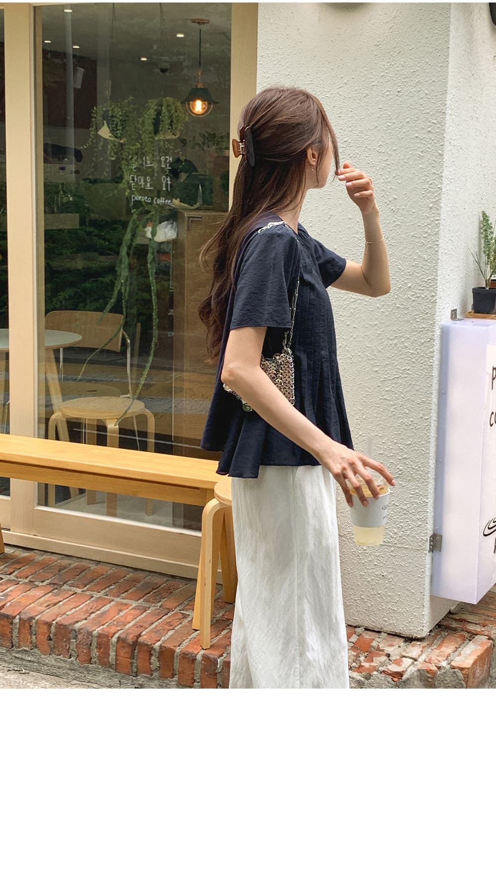 있음 밖으로 한 부서 여름 작은 셔츠 3 차원 탑 그램 Pleat 플리츠 라운드 넥 맨위 여성 상세 이미지 24
