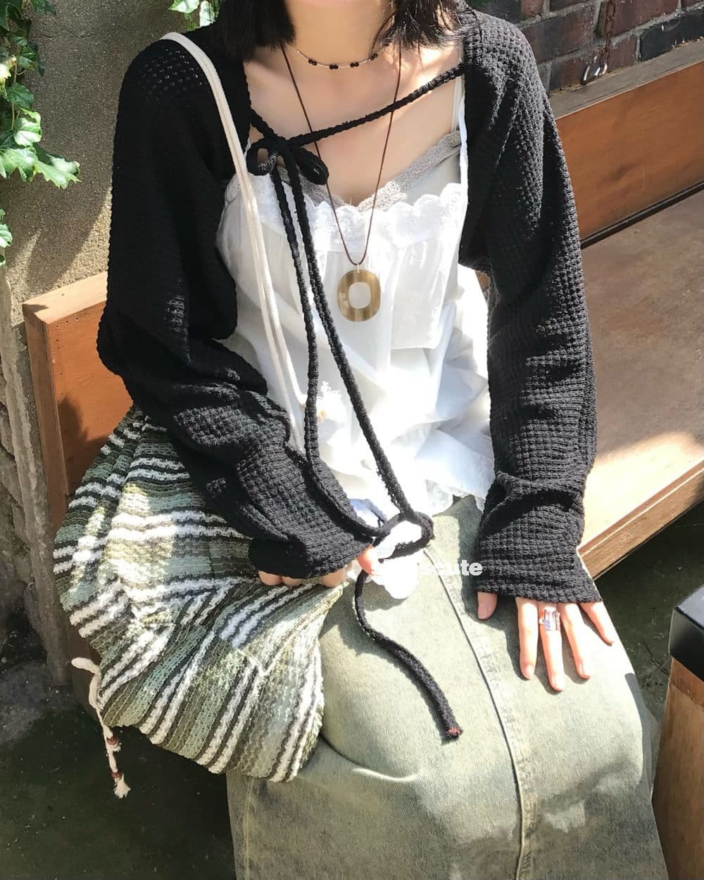 있음 밖으로 한국 스타일 다용도 후아 남편 그리드 니트 숄 블라우스 쇼트 스타일 자외선 차단 오픈 가디건 짧은 외투 스트랩 이미지 4