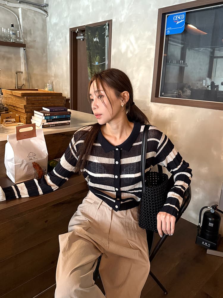 한 부서 다용도 연령 감소 스트라이프 폴로 칼라 니트 오픈 가디건 얇은 스타일 마이크로 ~을 통해 재킷 맨위 여성 이미지 2