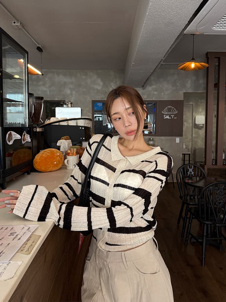 한 부서 다용도 연령 감소 스트라이프 폴로 칼라 니트 오픈 가디건 얇은 스타일 마이크로 ~을 통해 재킷 맨위 여성 상세 이미지 1