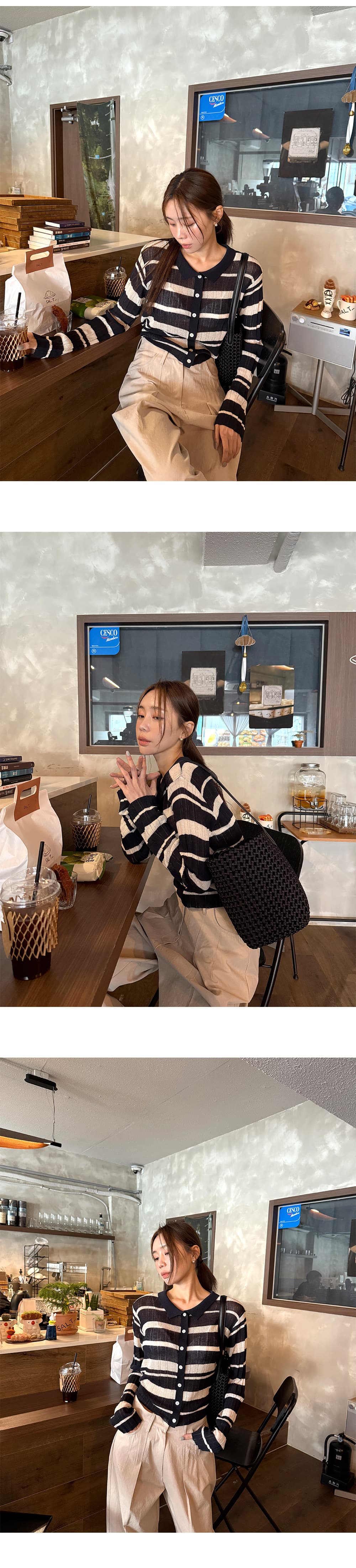 한 부서 다용도 연령 감소 스트라이프 폴로 칼라 니트 오픈 가디건 얇은 스타일 마이크로 ~을 통해 재킷 맨위 여성 상세 이미지 11