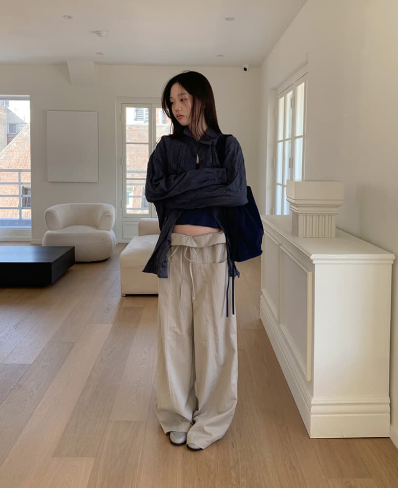 한 부서 패션 폴딩 뒤집다 측면 펌프 로프 허리 둘레 루즈핏 스트레이트 캐주얼 바지 긴 바지 여성