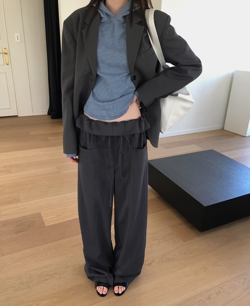 한 부서 패션 폴딩 뒤집다 측면 펌프 로프 허리 둘레 루즈핏 스트레이트 캐주얼 바지 긴 바지 여성 이미지 3