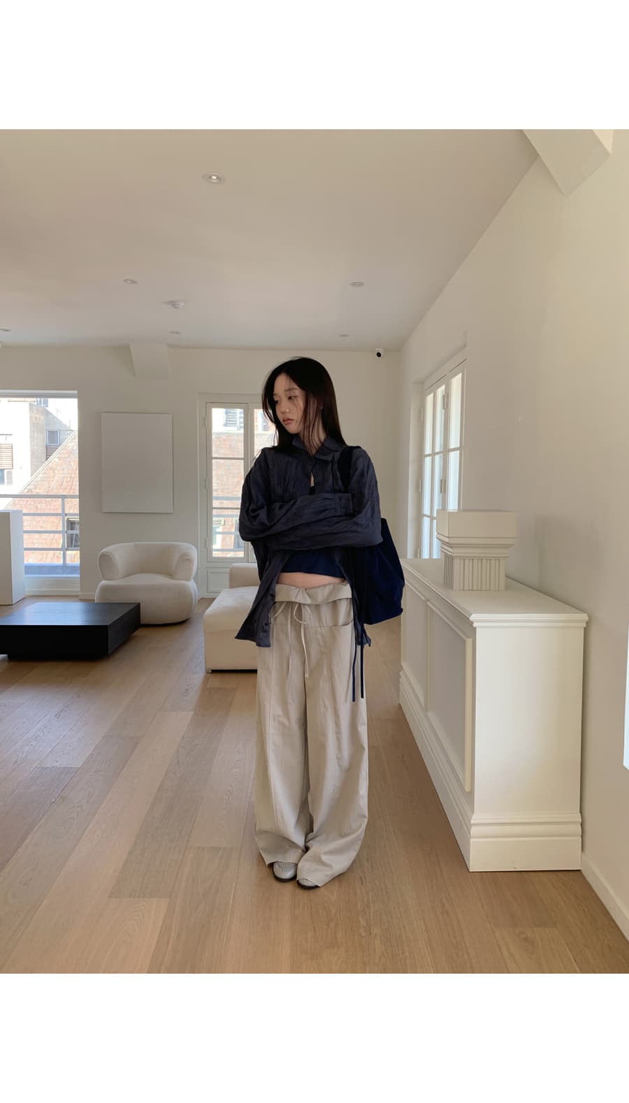 한 부서 패션 폴딩 뒤집다 측면 펌프 로프 허리 둘레 루즈핏 스트레이트 캐주얼 바지 긴 바지 여성 상세 이미지 14