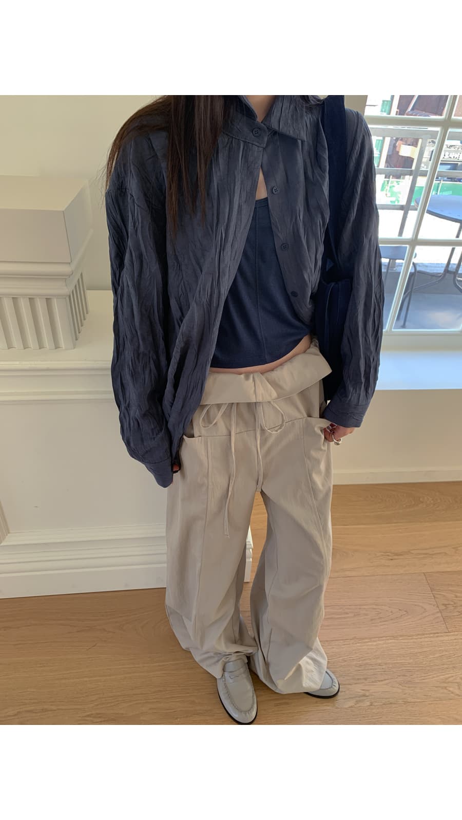한 부서 패션 폴딩 뒤집다 측면 펌프 로프 허리 둘레 루즈핏 스트레이트 캐주얼 바지 긴 바지 여성 상세 이미지 15