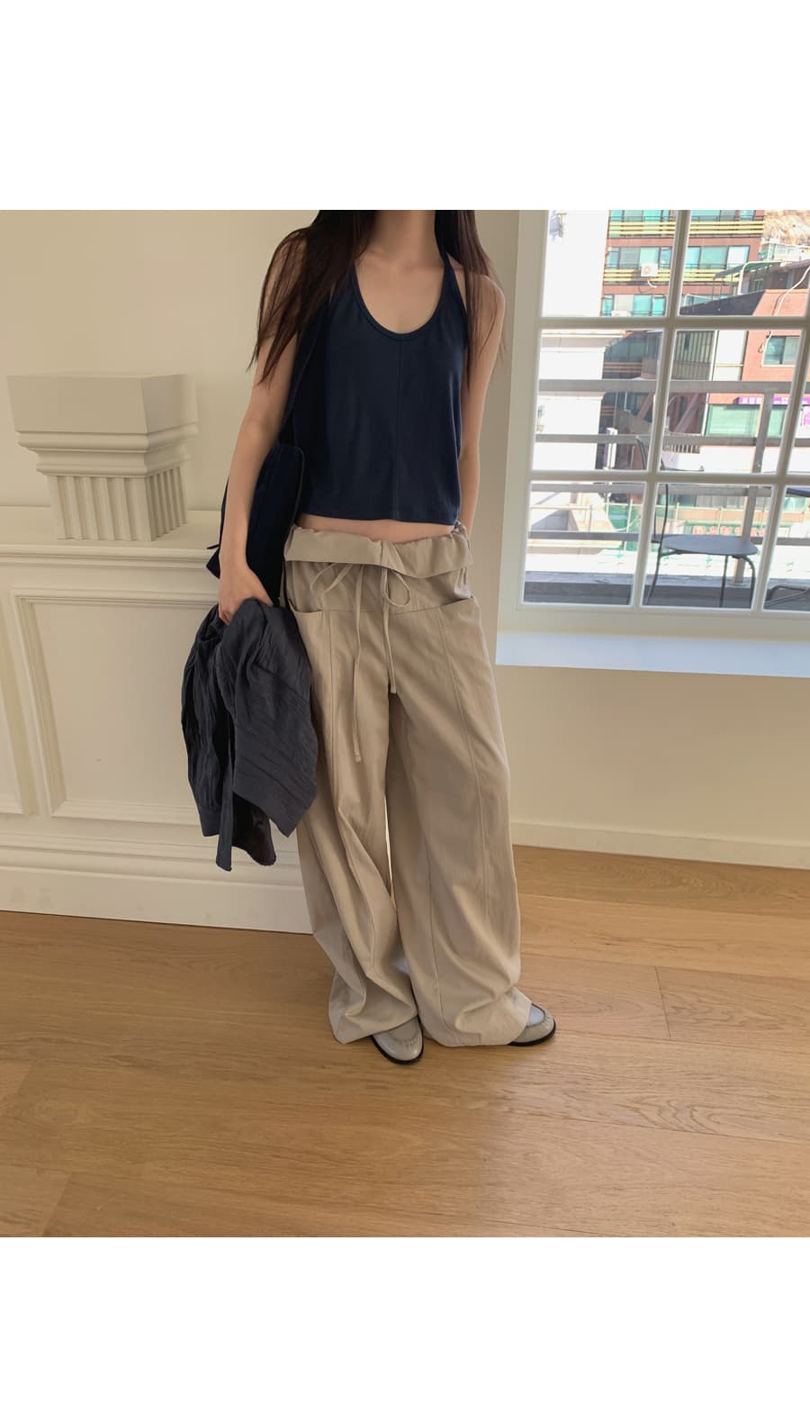한 부서 패션 폴딩 뒤집다 측면 펌프 로프 허리 둘레 루즈핏 스트레이트 캐주얼 바지 긴 바지 여성 상세 이미지 17
