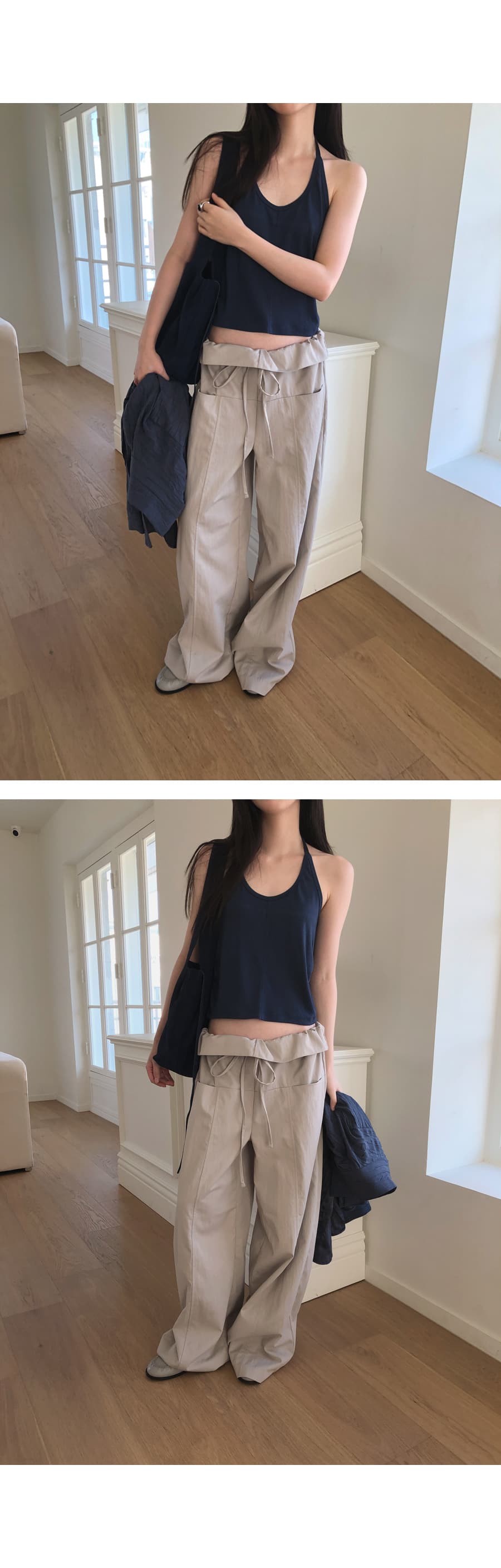 한 부서 패션 폴딩 뒤집다 측면 펌프 로프 허리 둘레 루즈핏 스트레이트 캐주얼 바지 긴 바지 여성 상세 이미지 26