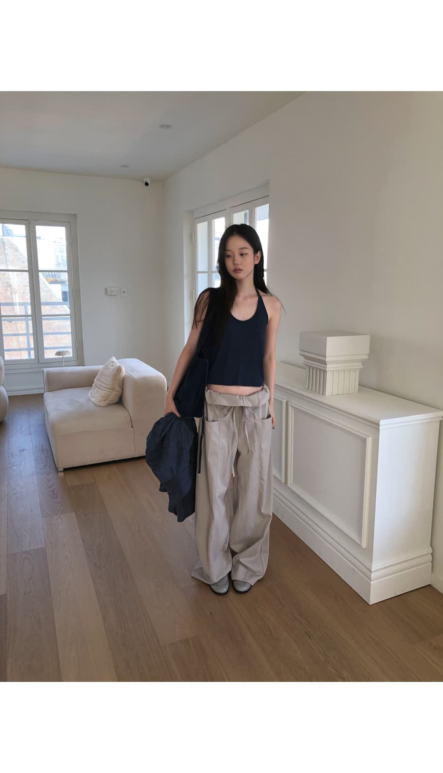 한 부서 패션 폴딩 뒤집다 측면 펌프 로프 허리 둘레 루즈핏 스트레이트 캐주얼 바지 긴 바지 여성 상세 이미지 27