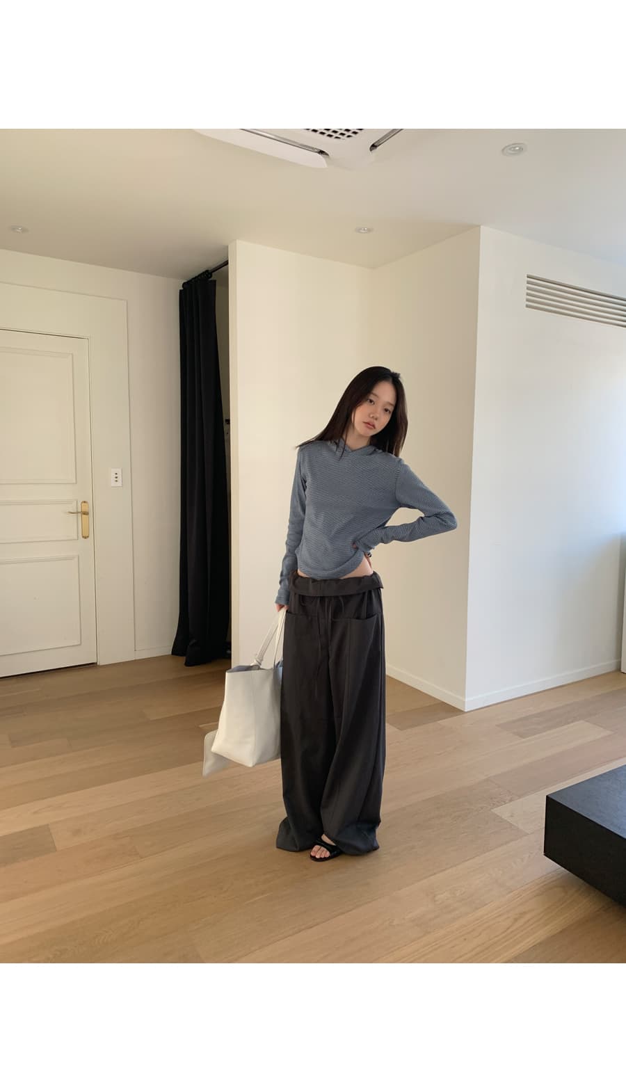 한 부서 패션 폴딩 뒤집다 측면 펌프 로프 허리 둘레 루즈핏 스트레이트 캐주얼 바지 긴 바지 여성 상세 이미지 40