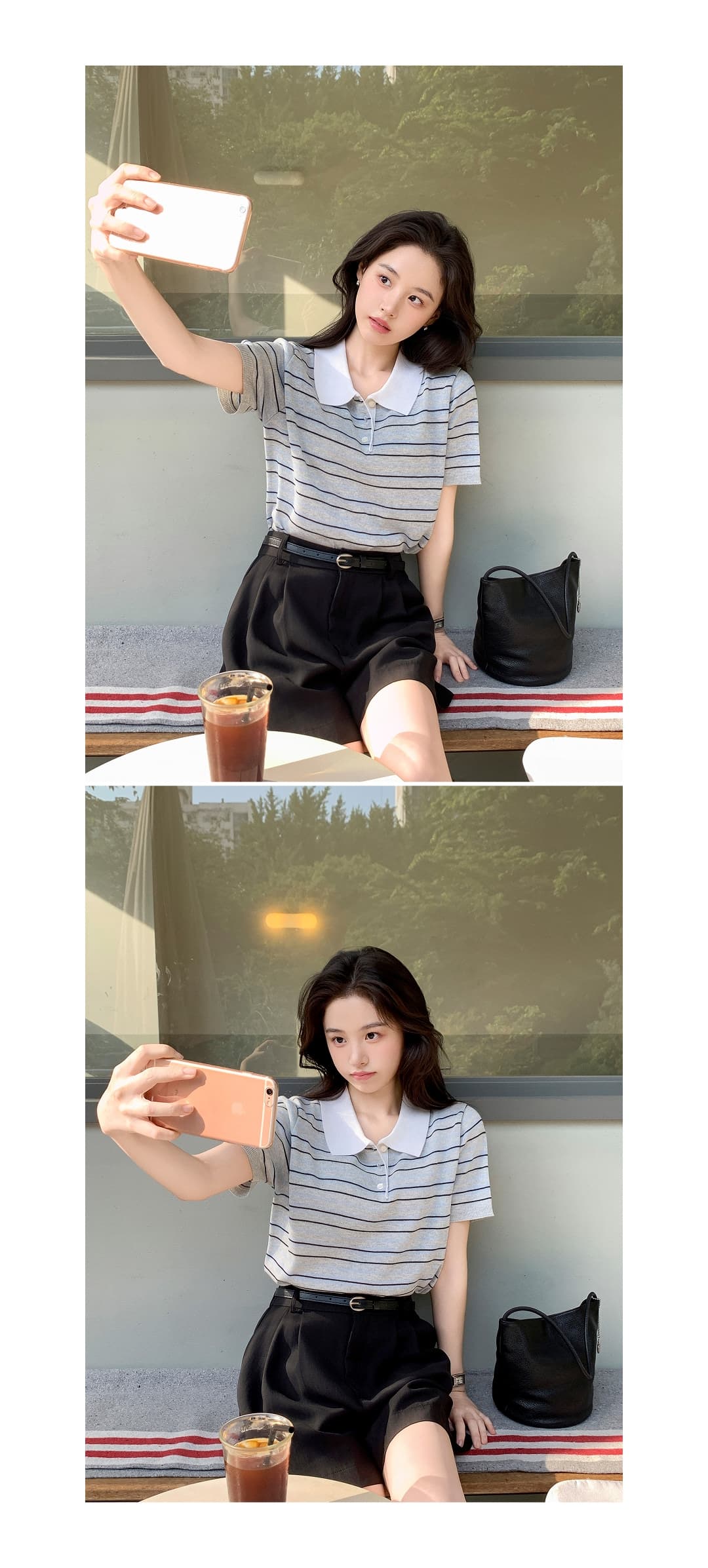한국 스타일 다용도 연령 감소 작은 청신 배색 폴로 칼라 핀 스트라이프 반팔 니트 스웨터 맨위 여성 상세 이미지 9