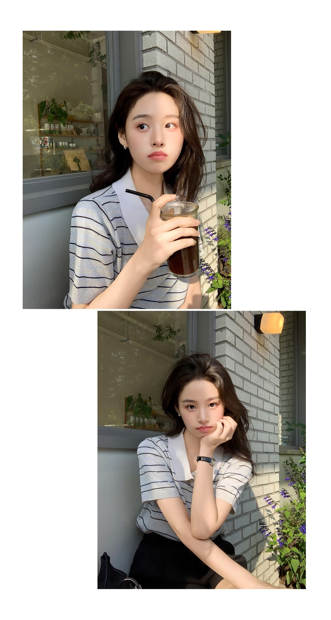 한국 스타일 다용도 연령 감소 작은 청신 배색 폴로 칼라 핀 스트라이프 반팔 니트 스웨터 맨위 여성 상세 이미지 10