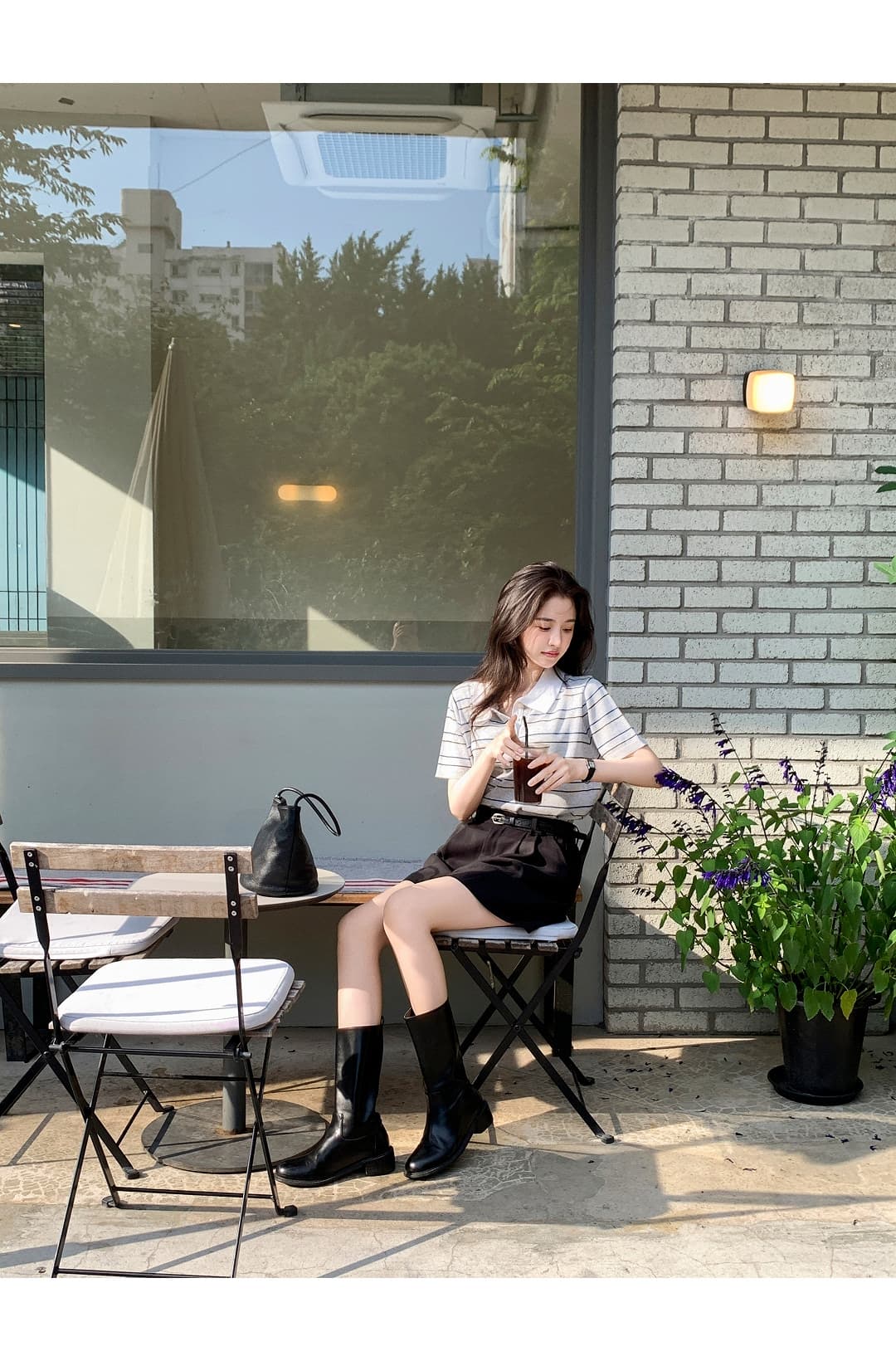 한국 스타일 다용도 연령 감소 작은 청신 배색 폴로 칼라 핀 스트라이프 반팔 니트 스웨터 맨위 여성 상세 이미지 11