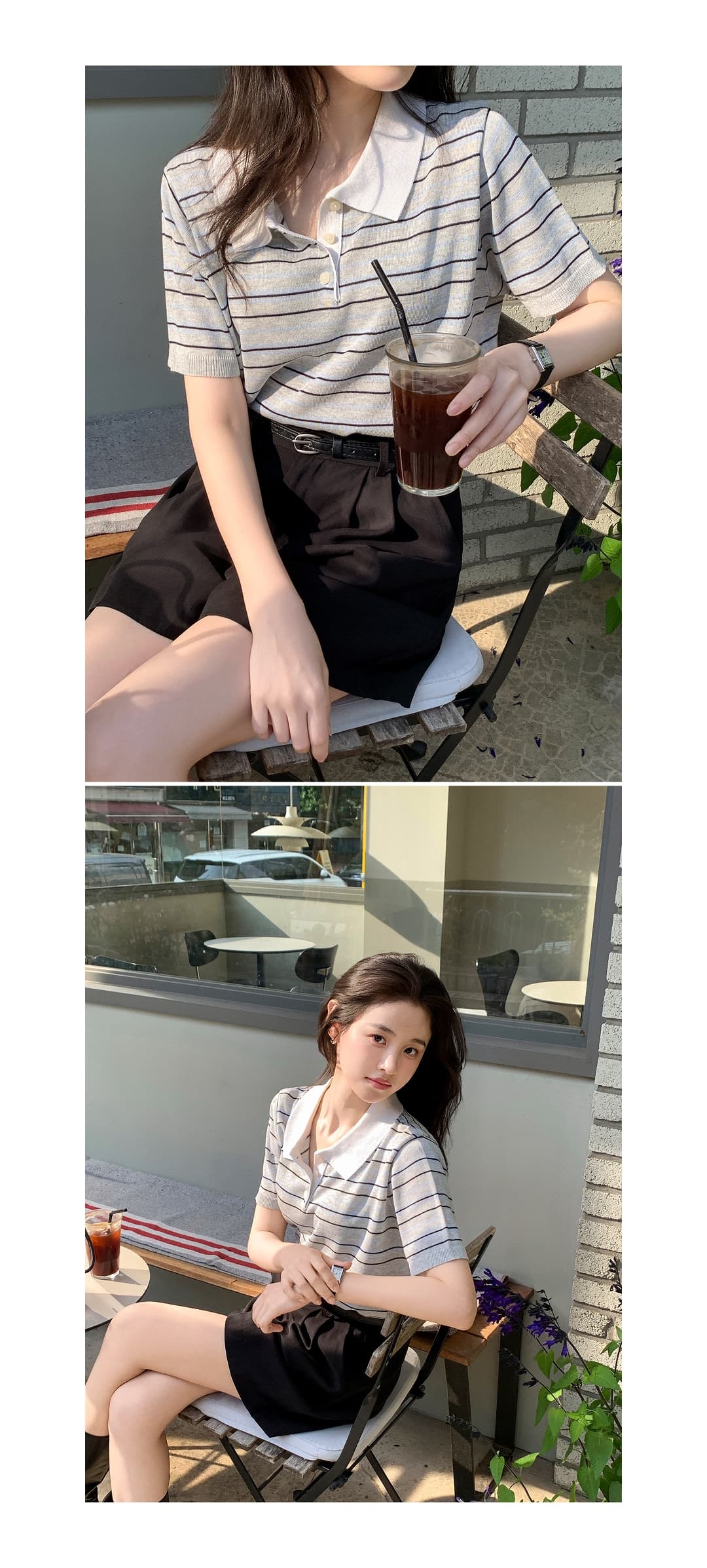 한국 스타일 다용도 연령 감소 작은 청신 배색 폴로 칼라 핀 스트라이프 반팔 니트 스웨터 맨위 여성 상세 이미지 12
