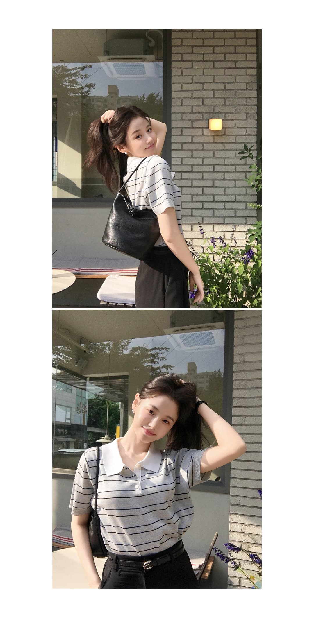 한국 스타일 다용도 연령 감소 작은 청신 배색 폴로 칼라 핀 스트라이프 반팔 니트 스웨터 맨위 여성 상세 이미지 15