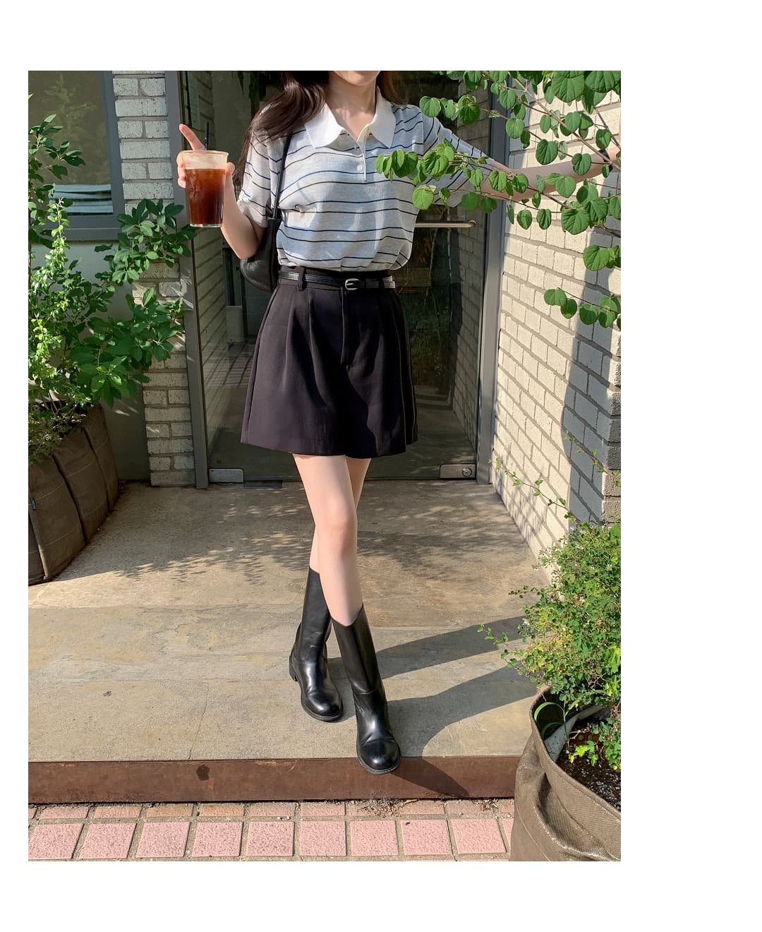 한국 스타일 다용도 연령 감소 작은 청신 배색 폴로 칼라 핀 스트라이프 반팔 니트 스웨터 맨위 여성 상세 이미지 16