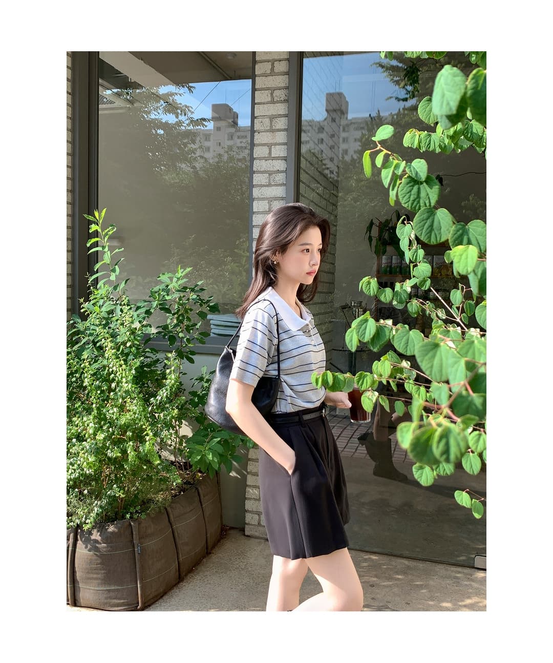 한국 스타일 다용도 연령 감소 작은 청신 배색 폴로 칼라 핀 스트라이프 반팔 니트 스웨터 맨위 여성 상세 이미지 23