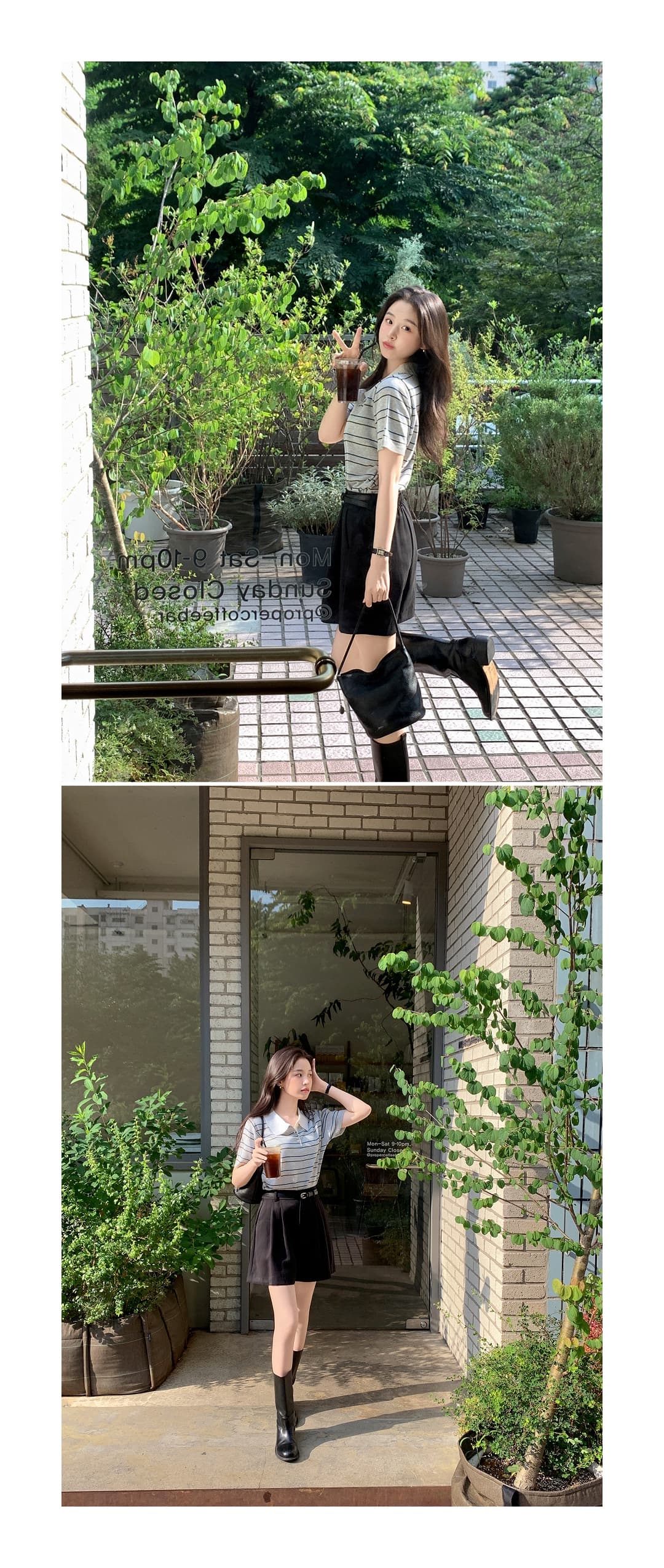 한국 스타일 다용도 연령 감소 작은 청신 배색 폴로 칼라 핀 스트라이프 반팔 니트 스웨터 맨위 여성 상세 이미지 29