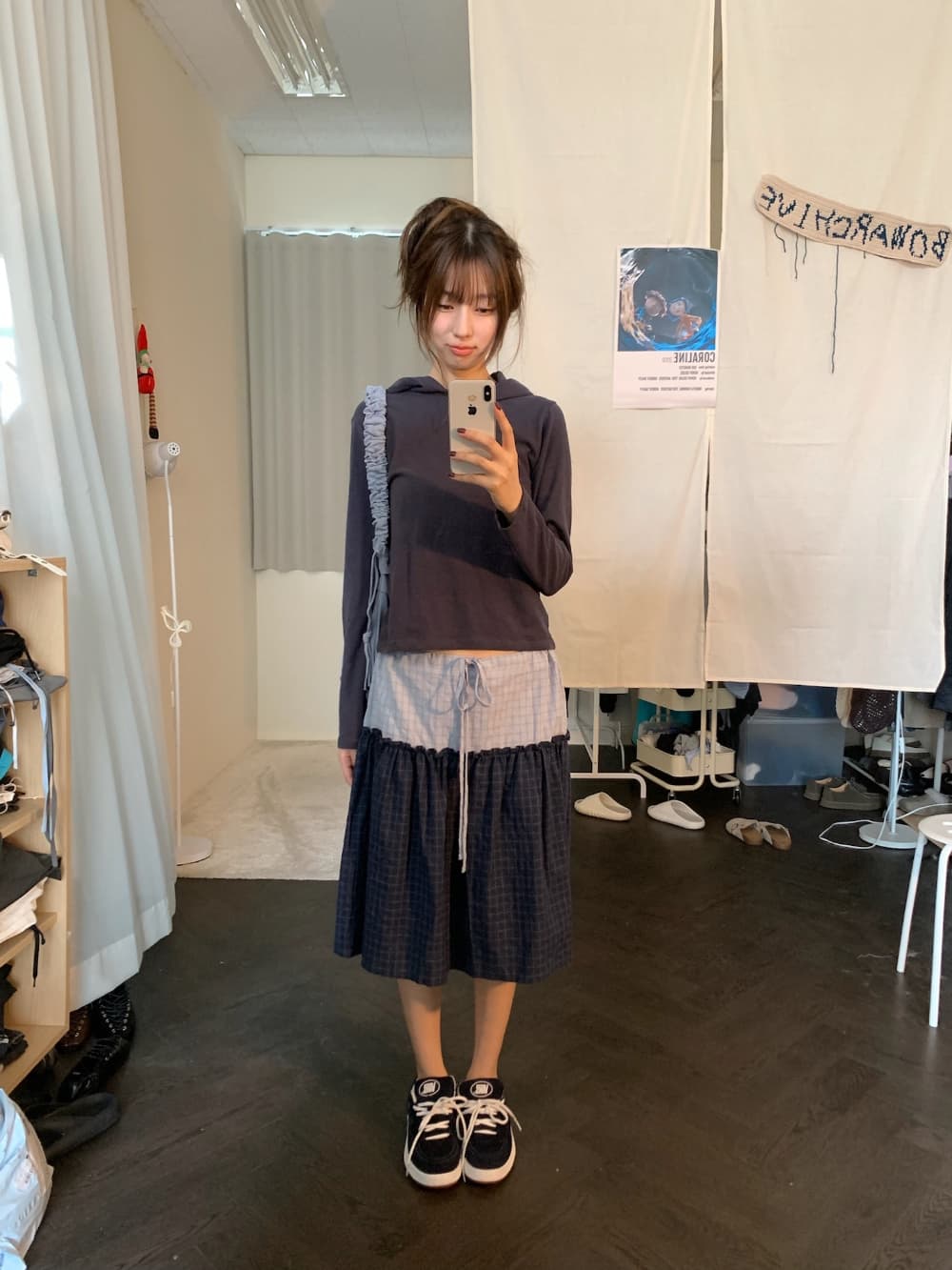 한 부서 디자인 센스 패치워크 체크무늬 프릴 반신 스커트 여성 이미지 2
