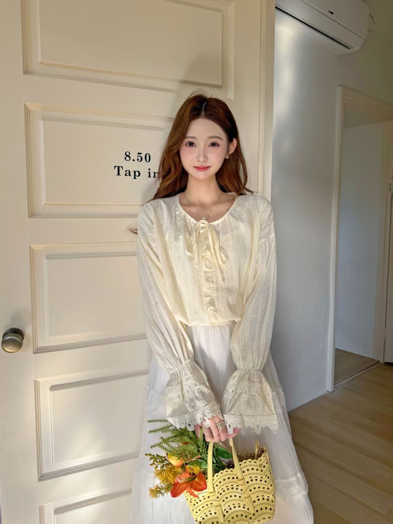 있음 밖으로 한국 작은 프랑스식 레이스업 무거운 작업 레이스 3 차원 레이스 긴팔 오픈 가디건 셔츠 여성 이미지 3