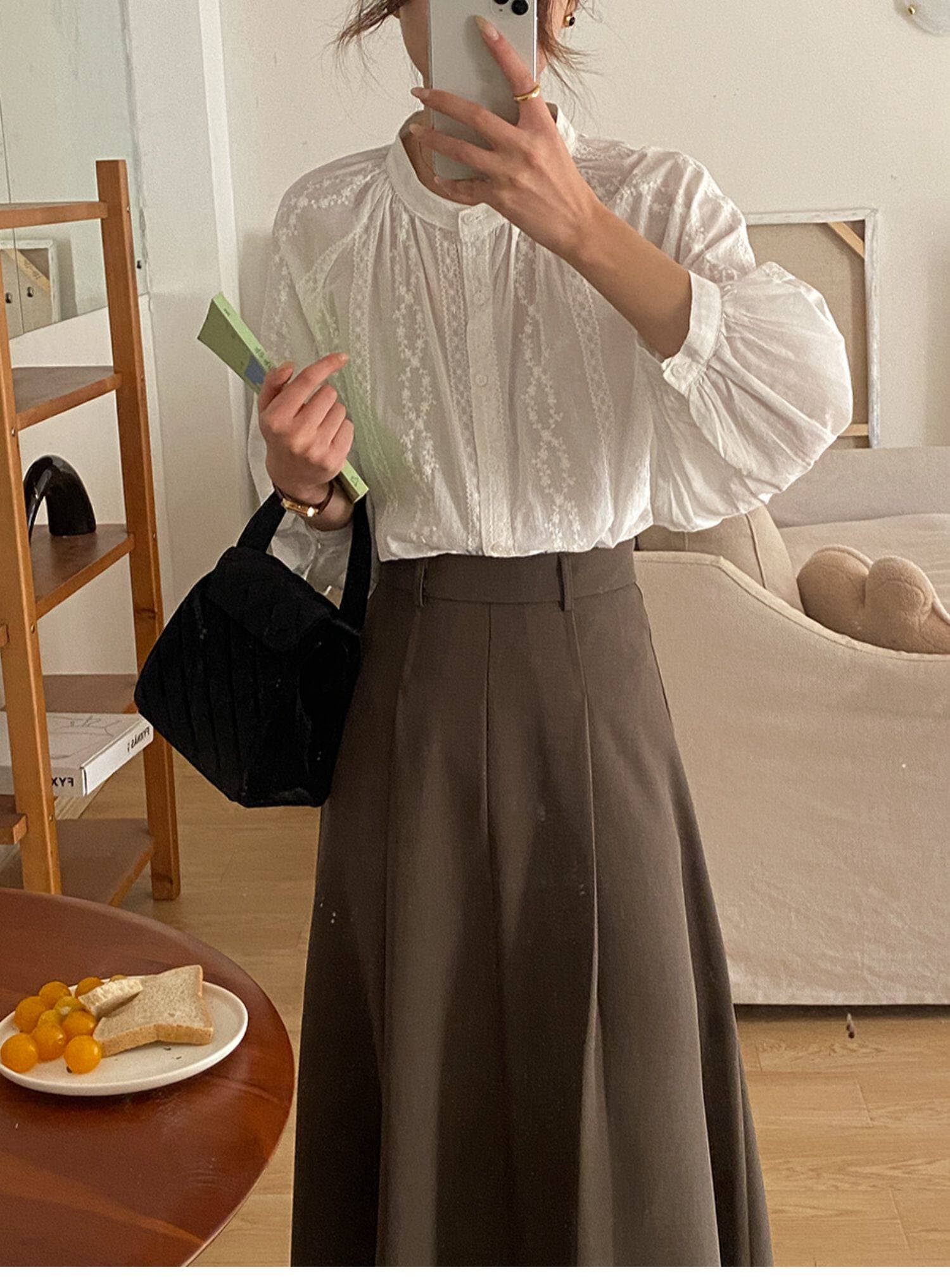 있음 밖으로 프랑스식 레트로 자카드 자수 라운드 넥 여성 셔츠 디자인 센스 패치워크 벌룬 소매 연령 감소 인형 셔츠 상세 이미지 2