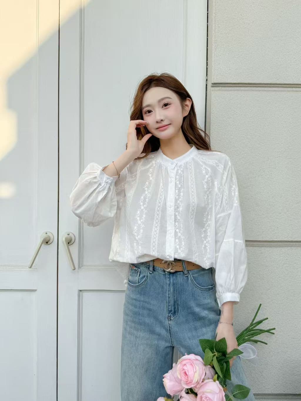 있음 밖으로 프랑스식 레트로 자카드 자수 라운드 넥 여성 셔츠 디자인 센스 패치워크 벌룬 소매 연령 감소 인형 셔츠 상세 이미지 21