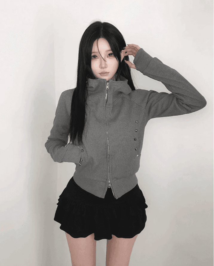 아메리칸 레트로 더블 지퍼 헤드 오픈 가디건 몸매 가꾸기 후드 티 스웨터 가을 신제품 슬림해 보이는 쇼트 스타일 재킷 여성