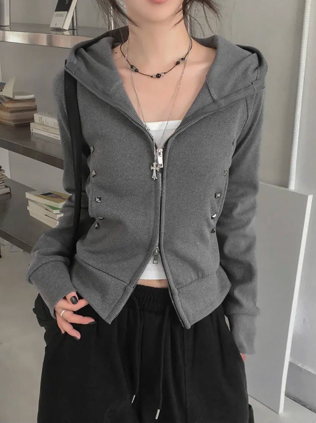아메리칸 레트로 더블 지퍼 헤드 오픈 가디건 몸매 가꾸기 후드 티 스웨터 가을 신제품 슬림해 보이는 쇼트 스타일 재킷 여성 이미지 3