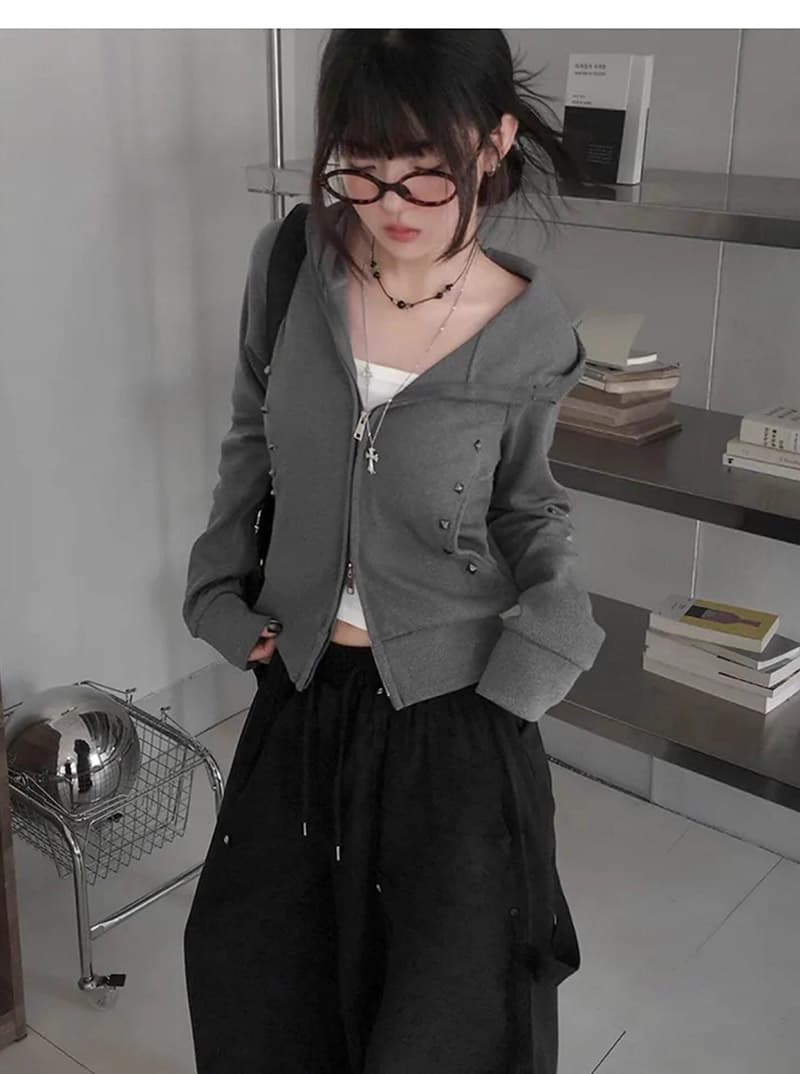 아메리칸 레트로 더블 지퍼 헤드 오픈 가디건 몸매 가꾸기 후드 티 스웨터 가을 신제품 슬림해 보이는 쇼트 스타일 재킷 여성 상세 이미지 8