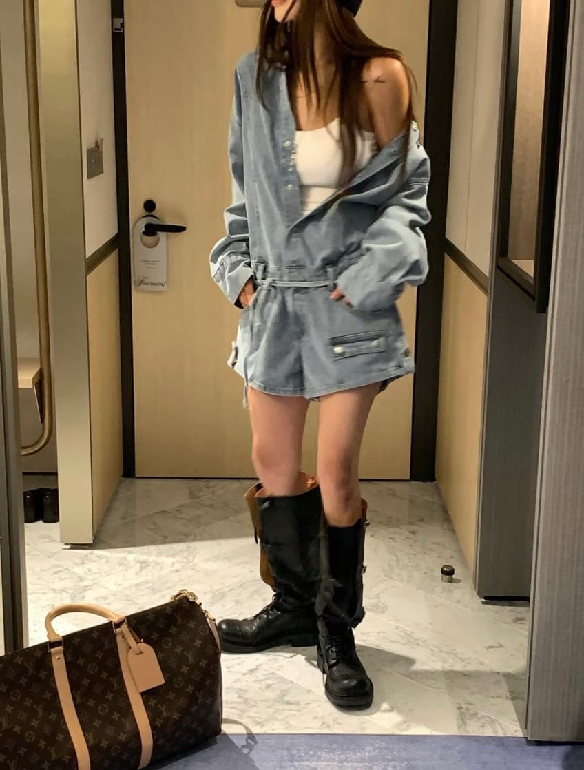 한 부서 다용도 폴로 칼라 부서 버클 허리 올인원 데님 반바지 여성 상세 이미지 7