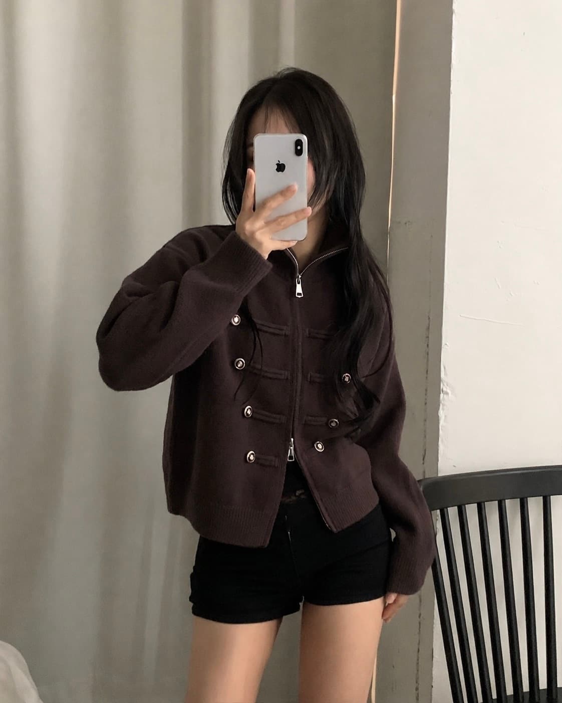 있음 밖으로 한 부서 다용도 두꺼운 스탠드 칼라 더블 지퍼 긴팔 니트 오픈 가디건 스웨터 코트 여성 상세 이미지 5