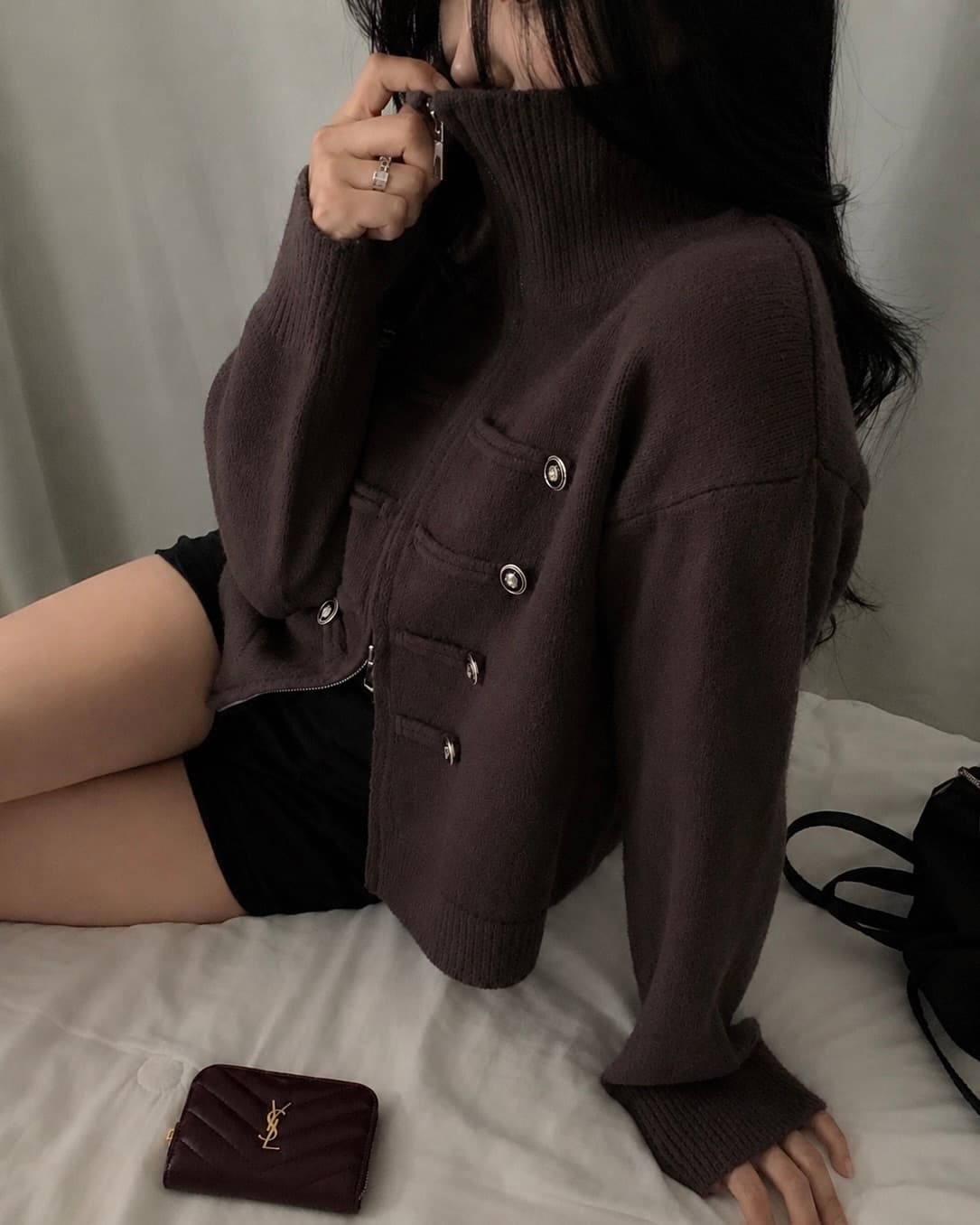 있음 밖으로 한 부서 다용도 두꺼운 스탠드 칼라 더블 지퍼 긴팔 니트 오픈 가디건 스웨터 코트 여성 상세 이미지 6