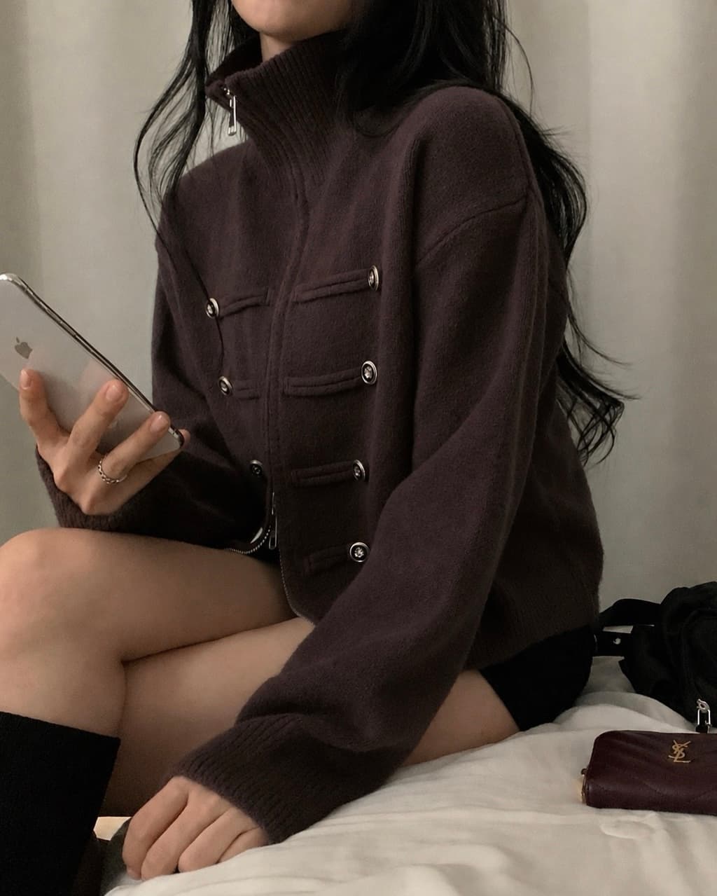 있음 밖으로 한 부서 다용도 두꺼운 스탠드 칼라 더블 지퍼 긴팔 니트 오픈 가디건 스웨터 코트 여성 상세 이미지 7
