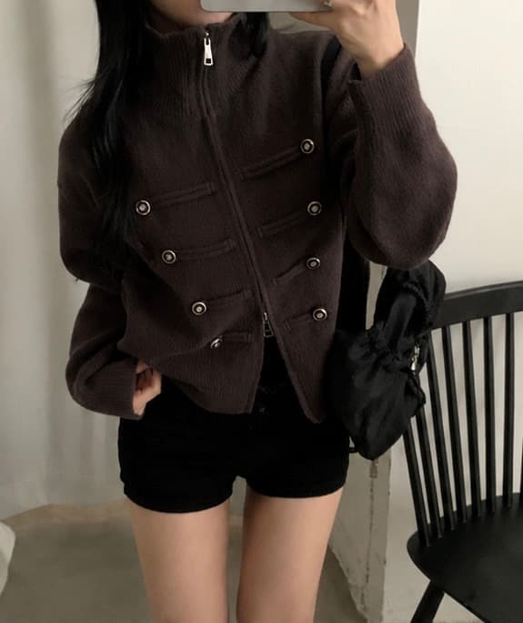 있음 밖으로 한 부서 다용도 두꺼운 스탠드 칼라 더블 지퍼 긴팔 니트 오픈 가디건 스웨터 코트 여성 상세 이미지 8