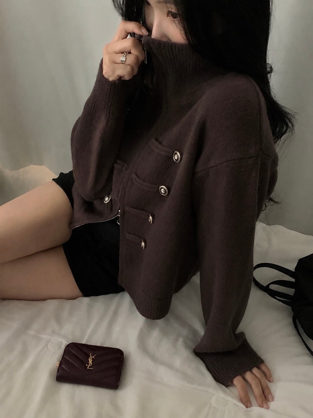 있음 밖으로 한 부서 다용도 두꺼운 스탠드 칼라 더블 지퍼 긴팔 니트 오픈 가디건 스웨터 코트 여성 상세 이미지 9