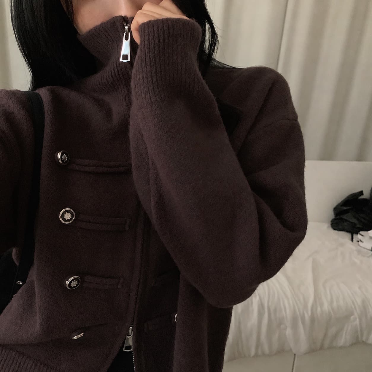 있음 밖으로 한 부서 다용도 두꺼운 스탠드 칼라 더블 지퍼 긴팔 니트 오픈 가디건 스웨터 코트 여성 상세 이미지 12